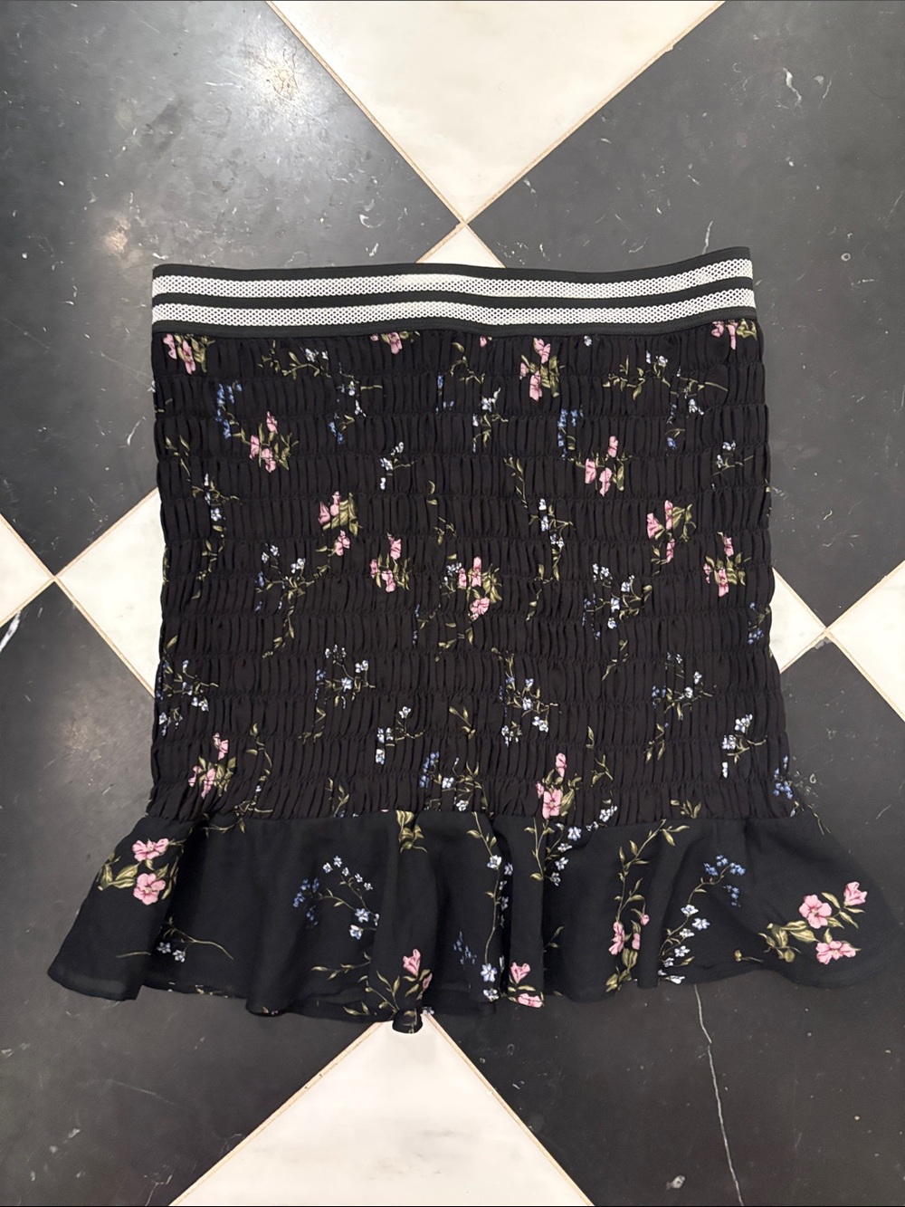 For Love & Lemons Black Floral Smocked Ruffle Mini Skirt